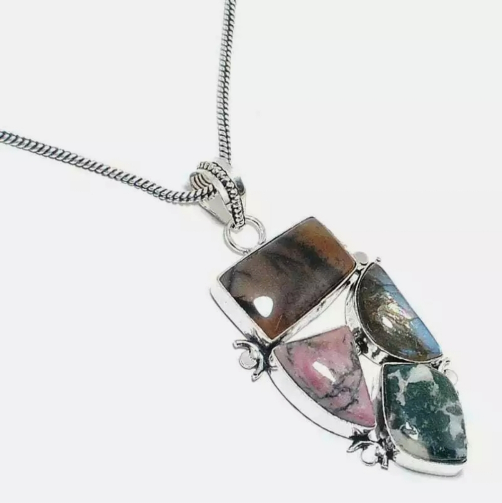 New Jasper, Labradorite, Tree Agate Silver Pendant.